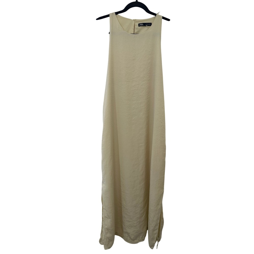 Zara Womens L Butter Yellow Lyocell Sleeveless Open Tie Back Maxi Dress